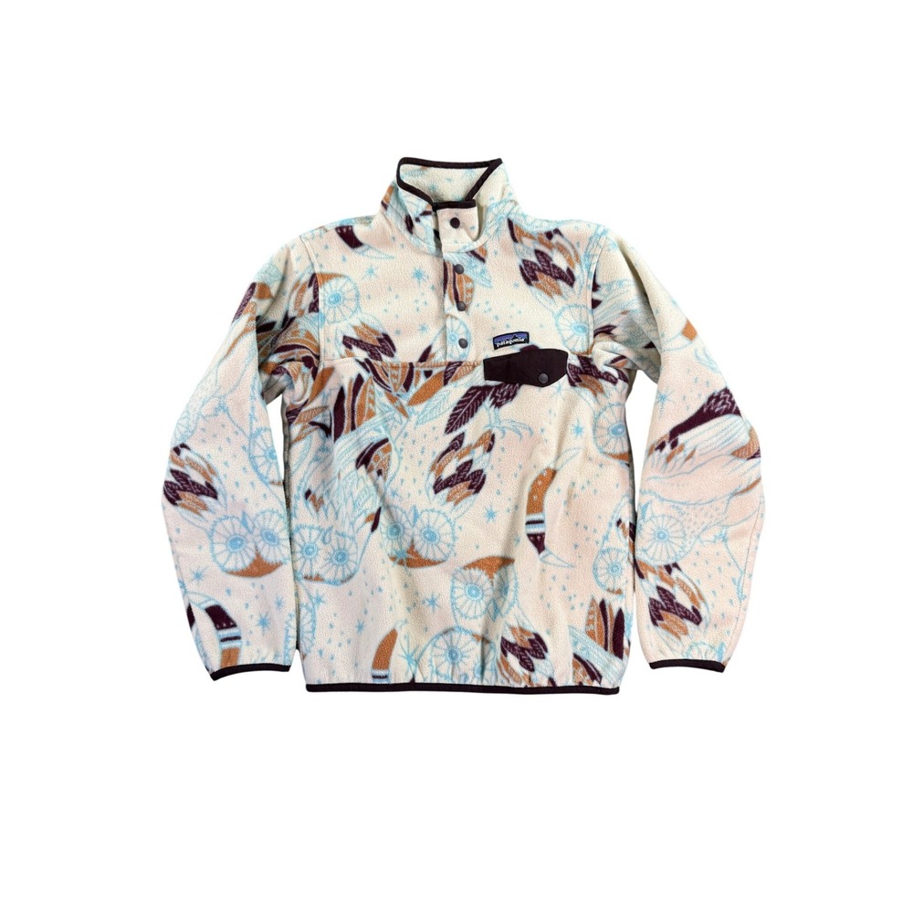 Patagonia Synchilla Snap-T Fleece Men‎ Small Cream Owl Print Pullover Jacket AOP